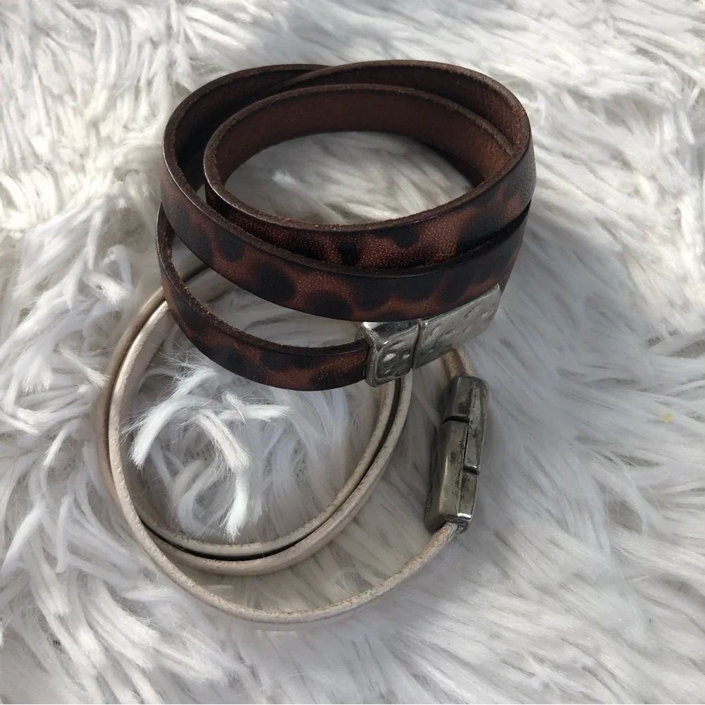 🩶5/$30 Brown Leopard and White Leather Wrap Bracelets with Silver Clasp
